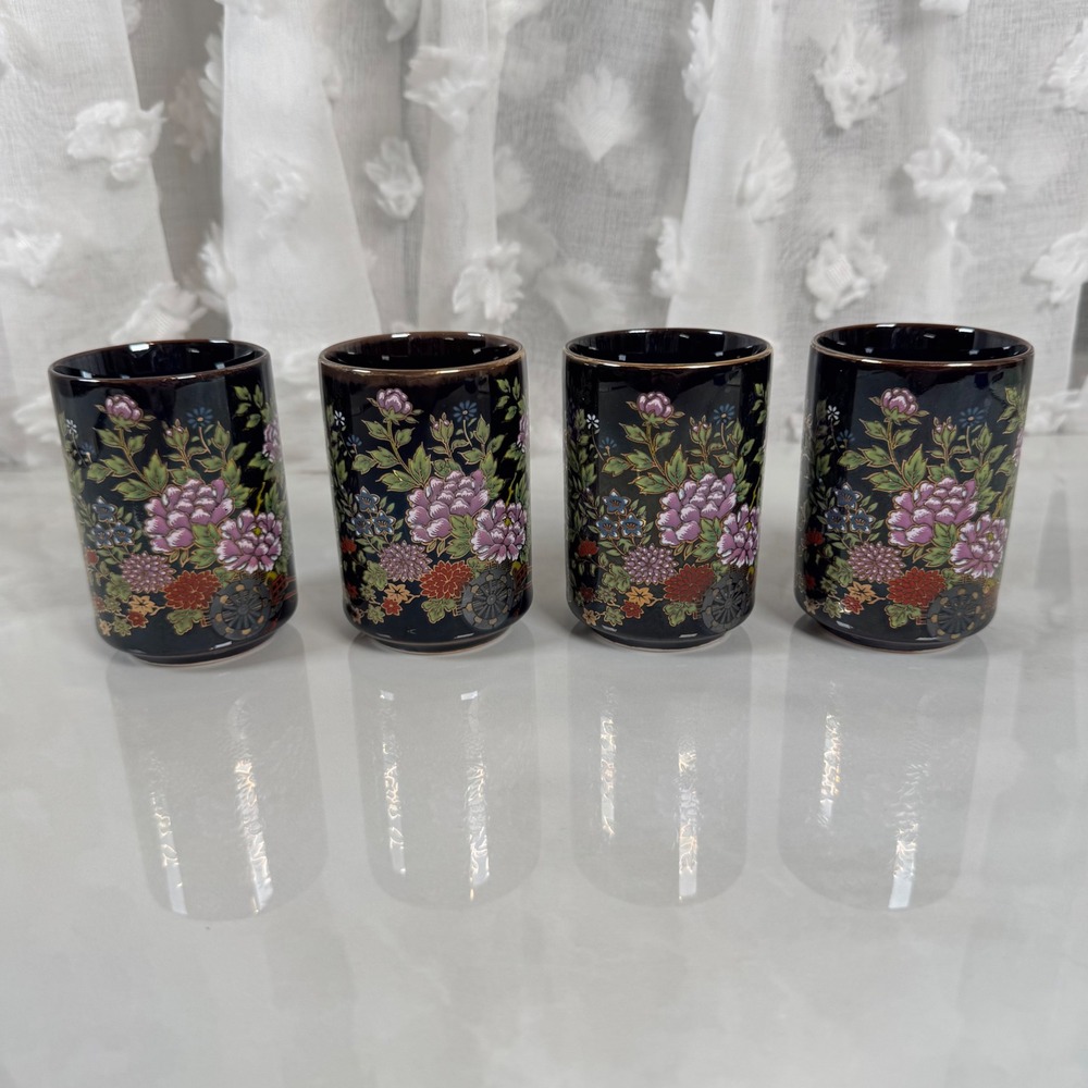 Vintage Imperial Kutani Japanese Tea Cups Lot of 4‎ Black Glass Floral Gold Rim